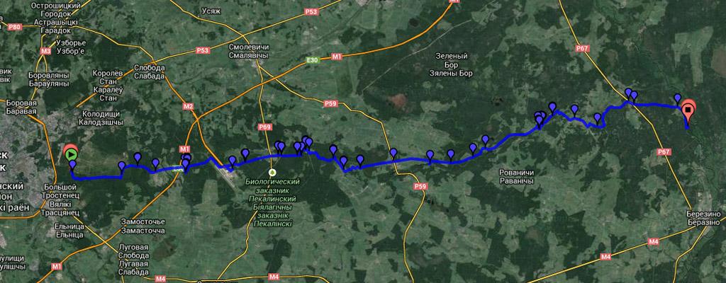Весь маршрут из Минска на берег Березины на скриншоте гуглкарты